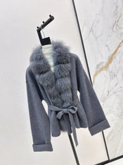 Fox fur-trimmed knitted coat