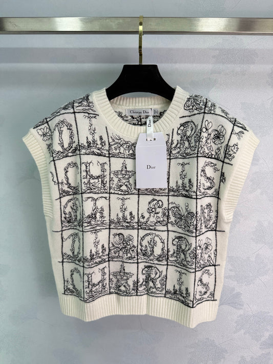 Plaid embroidered knitted vest