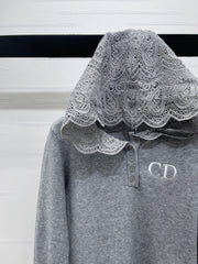 Hooded lace knitted long-sleeved sweater