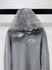 Hooded lace knitted long-sleeved sweater