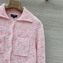 Retro Thick Linen Sequin Knit Polo Shirt