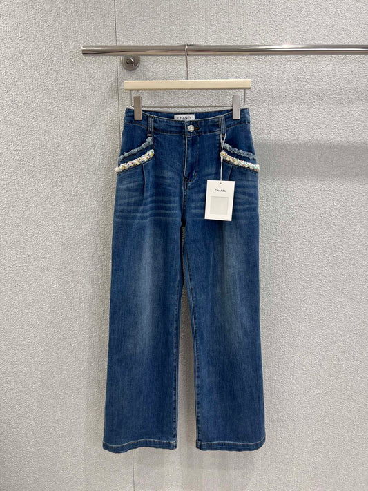 Pearl and diamond embellished wide-leg jeans