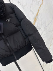 Short down puffer jacket with wool collar