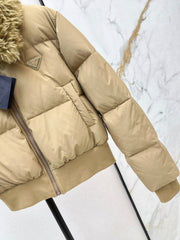 Short down puffer jacket with wool collar