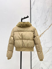 Short down puffer jacket with wool collar