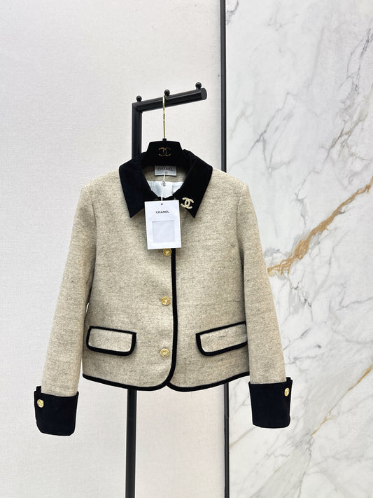 Color-blocked velvet-trimmed coat