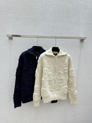 Jacquard collared knit long-sleeved cardigan