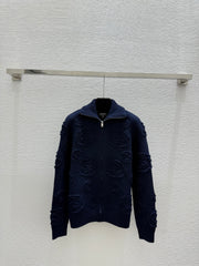 Jacquard collared knit long-sleeved cardigan