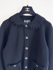 Bow-tie openwork pocket Peter Pan collar cardigan