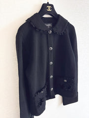 Bow-tie openwork pocket Peter Pan collar cardigan