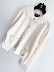 Bow-tie openwork pocket Peter Pan collar cardigan