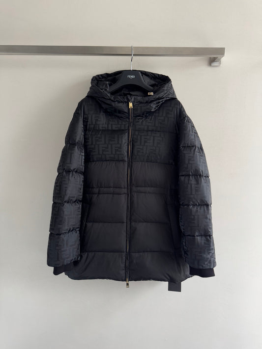 Hooded, fitted-waist jacquard mid-length down jacket