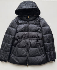 Hooded, fitted-waist jacquard mid-length down jacket