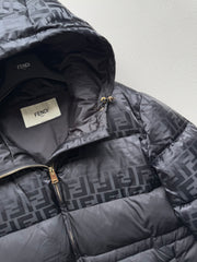 Hooded, fitted-waist jacquard mid-length down jacket