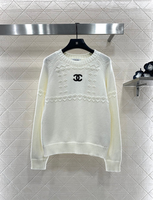 Embroidered Crochet Knit Pullover Sweater