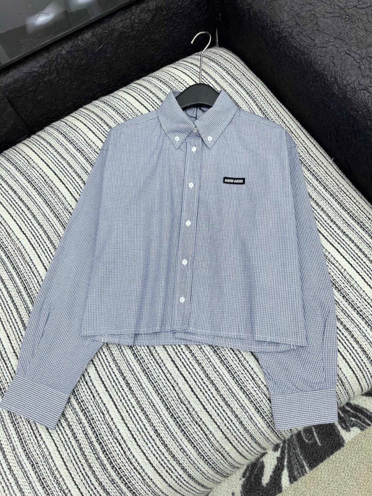 Plaid Collared Appliqué Embroidered Short Shirt