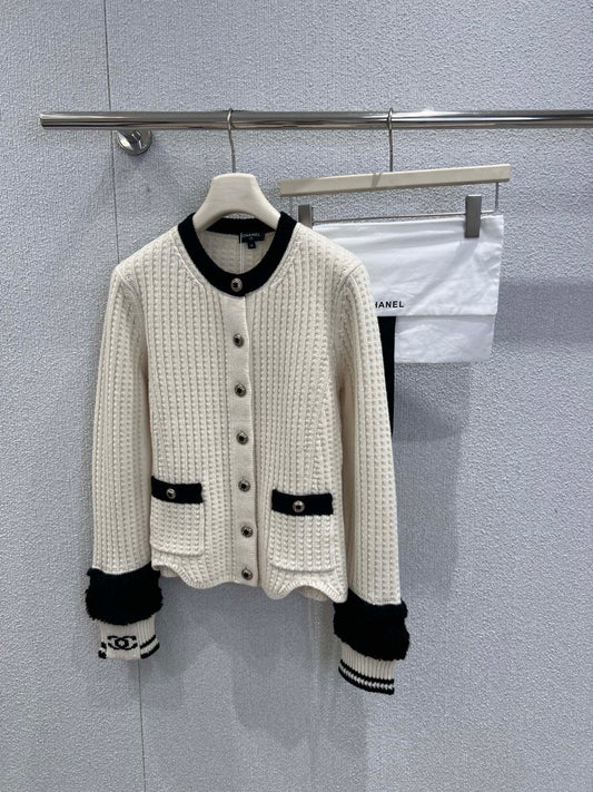 Black and white color-blocked wool knit cardigan