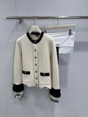 Black and white color-blocked wool knit cardigan