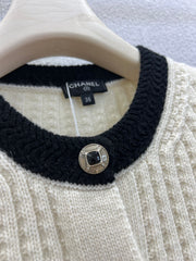 Black and white color-blocked wool knit cardigan
