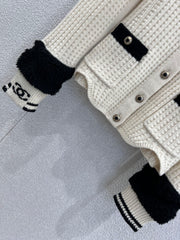 Black and white color-blocked wool knit cardigan