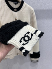 Black and white color-blocked wool knit cardigan
