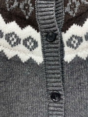 Retro Color-Blocked Diamond Pattern Crew Neck Knit Cardigan