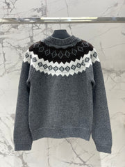 Retro Color-Blocked Diamond Pattern Crew Neck Knit Cardigan