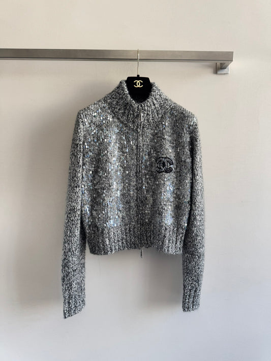 Stand-up collar zip-up cashmere cardigan