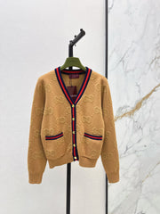 Color-blocked ribbed V-neck cardigan