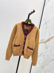 Color-blocked ribbed V-neck cardigan