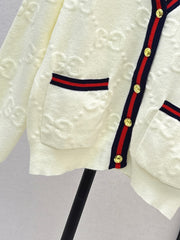 Color-blocked ribbed V-neck cardigan