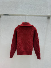 Red collared knit long-sleeved cardigan