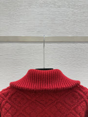 Red collared knit long-sleeved cardigan