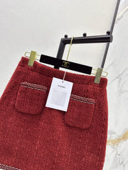 Red woven A-line midi skirt