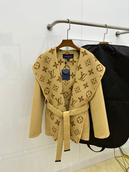 Wrap-style hooded cashmere and wool coat