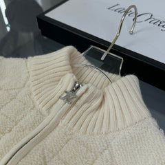 Diamond Pattern High-Neck Zipper Sweater Cardigan