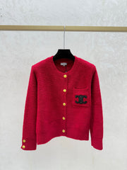 Letter Embroidered Crew Neck Knit Cardigan