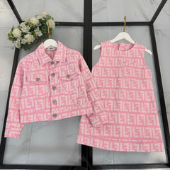 Denim jacket + all-over jacquard print vest dress