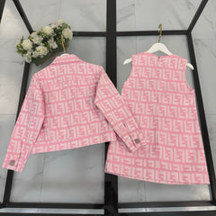 Denim jacket + all-over jacquard print vest dress