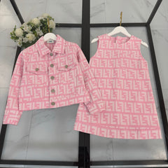 Denim jacket + all-over jacquard print vest dress