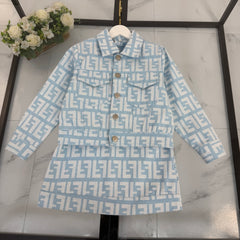 Denim jacket + all-over jacquard print vest dress