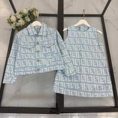 Denim jacket + all-over jacquard print vest dress