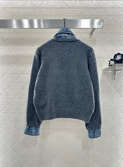 Denim Patchwork Collared Knit Cardigan