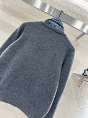 Denim Patchwork Collared Knit Cardigan
