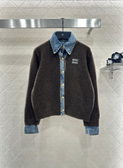 Denim Patchwork Collared Knit Cardigan