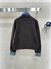 Denim Patchwork Collared Knit Cardigan