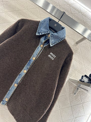 Denim Patchwork Collared Knit Cardigan