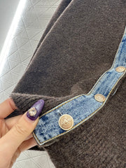 Denim Patchwork Collared Knit Cardigan