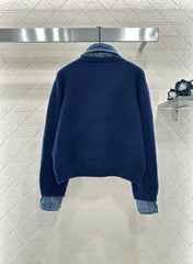 Denim Patchwork Collared Knit Cardigan