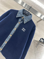 Denim Patchwork Collared Knit Cardigan